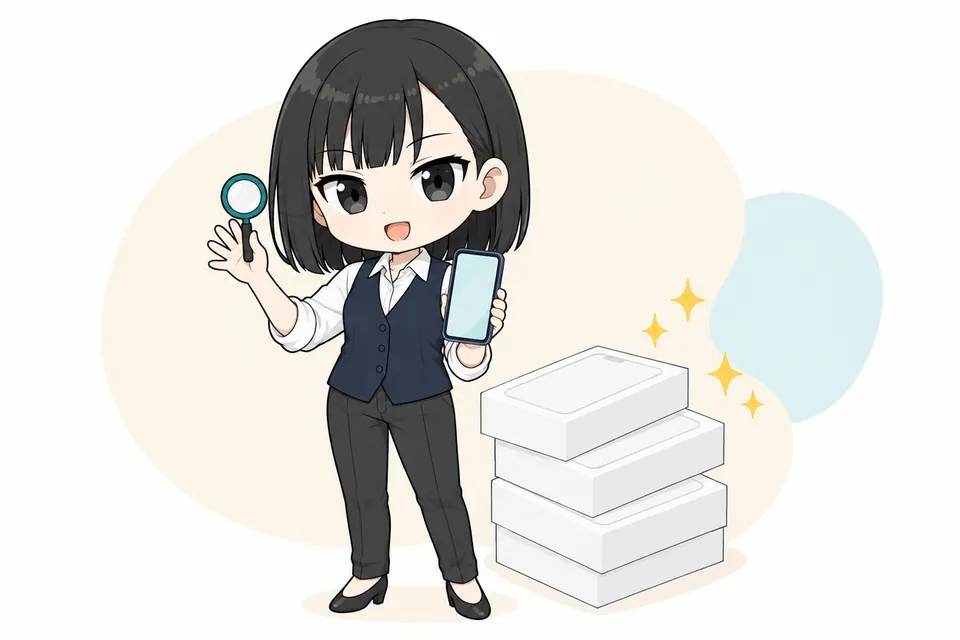 虫めがねとスマートフォンを手に、積んだ箱の横で説明するさや