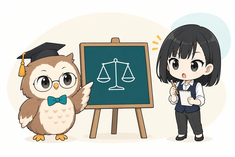 黒板のてんびんを指して説明する博士と、メモを取るさや