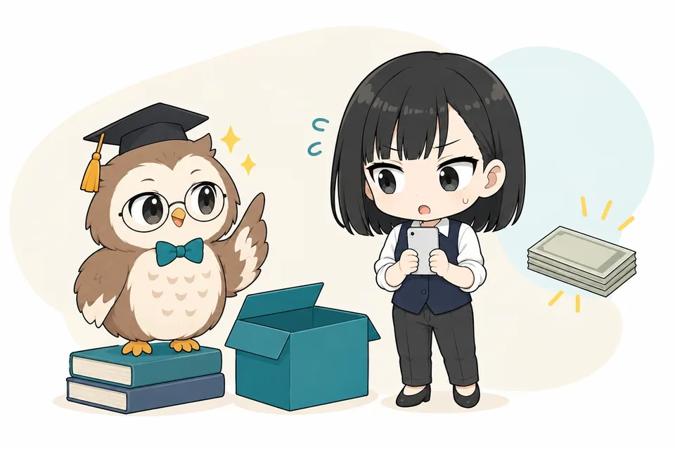 返却の箱とお金のあいだで迷うさやと、説明する博士